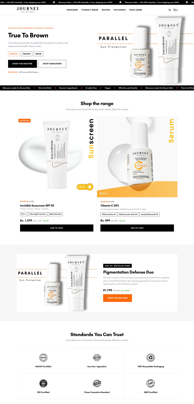 Screenshot of the Journey Skincare website