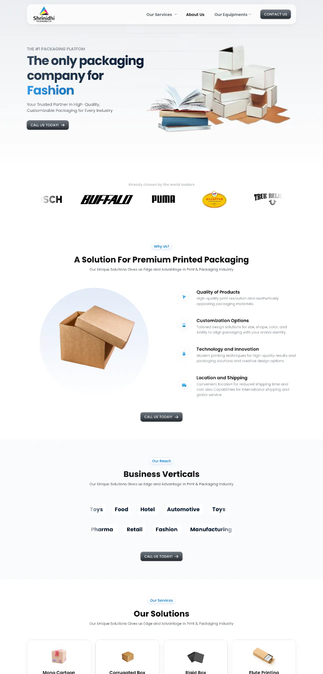 Screenshot of the Shrinidhi Packaging website